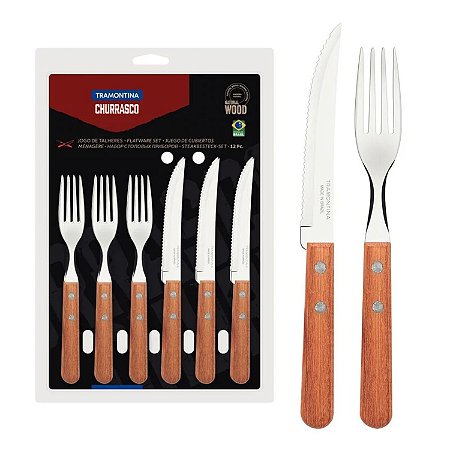 Faqueiro Jogo Para Churrasco Talheres Tramontina Inox e Madeira 12 Peças Faca e Garfo