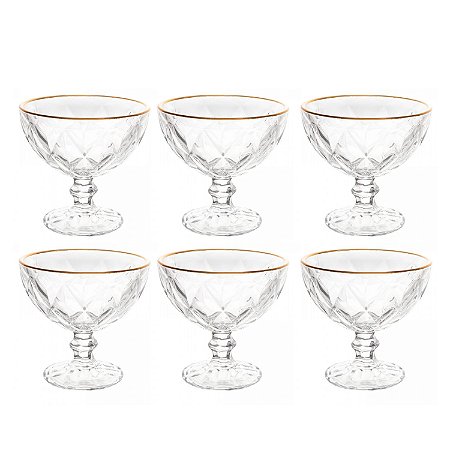 Jogo 6 Taças Para Sobremesa de Vidro 250ml Sorvete Luxo Borda Dourada