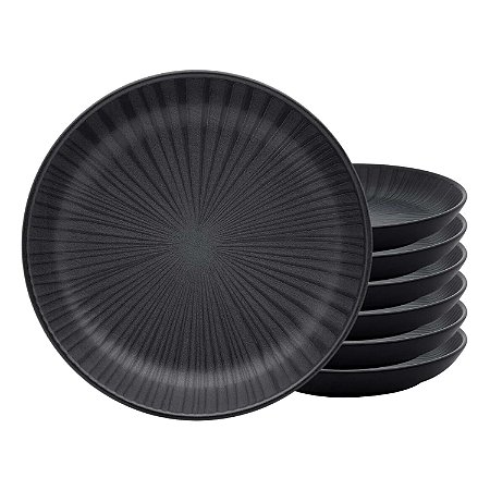 Jogo Kit 6 Pratos Fundo de Cerâmica 20,5cm Preto Oxford Flat Ônix