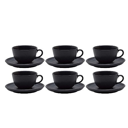 Jogo Xicaras de Chá Café Com Pires 6pcs 200ml Cerâmica Oxford Preto Flat Ônix