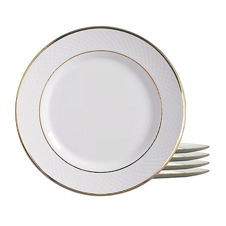 Jogo De Pratos Raso Cerâmica Luxo 29cm Kit 4pcs Borda Dourada Filete Relevo Ouro