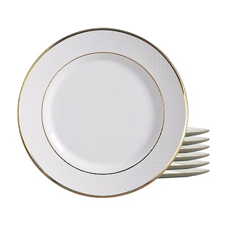 Jogo De Pratos Fundo Cerâmica Kit 6pcs 25cm Luxo Borda Dourada Filete Ouro