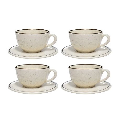 Jogo Xicaras de Chá Café Com Pires Kit 4pcs 200ml Cerâmica Oxford Unni Brisa