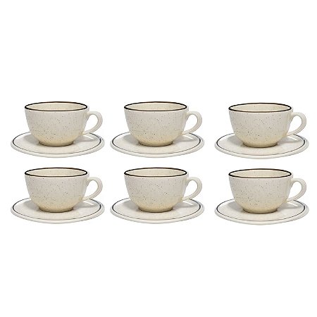 Jogo Xicaras de Chá Café Com Pires Kit 6pcs 200ml Cerâmica Oxford Unni Brisa