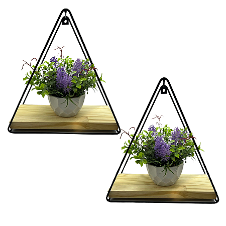 Kit 2 Nichos Prateleira Parede Triangular Decoração C/ Madeira Metal Aramado Preto Moderno
