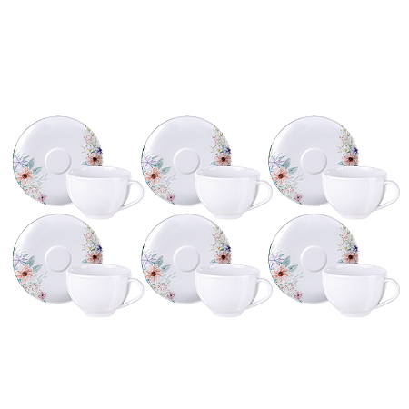 Jogo Xicaras de Chá Café Com Pires Kit 6pcs 250ml Floratta Tramontina Porcelana