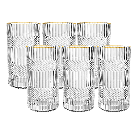 Jogo Kit 6 Copos De Vidro Para Água Sucos 370ml Borda Dourada Luxo