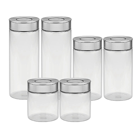 Jogo Kit 6 Potes Herméticos Mantimentos Tramontina De Vidro Tampa Inox Condimentos