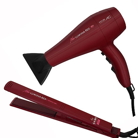 Kit Secador e Prancha Chapinha De Cabelo Gama Elegance New Lumina Red Ceramic