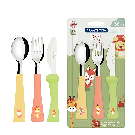 Jogo De Talheres Infantil Tramontina Baby Friends 3 Peças Inox