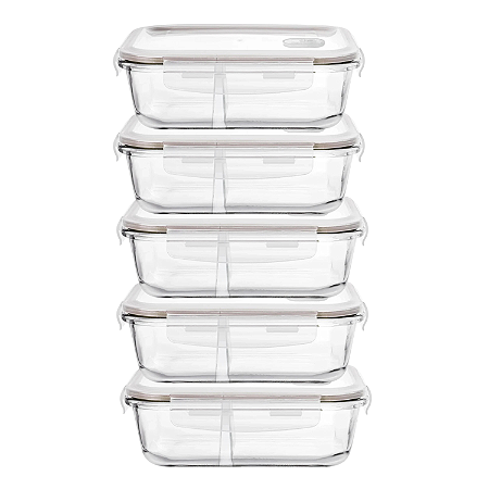 Jogo Kit 5 Potes Marmita De Vidro Hermético Com Divisória 640ml Retangular Alimentos