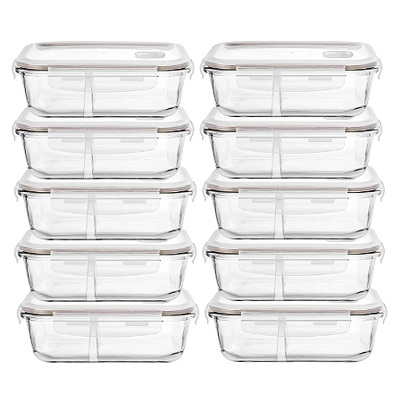Jogo Kit 10 Potes Marmita De Vidro Hermético Com Divisória 640ml Retangular Alimentos