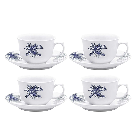 Jogo Xicaras de Chá Café Com Pires Kit 4 Peças Porcelana 240ml Toile De Jouy Oxford