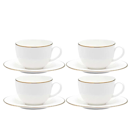 Jogo Xicaras De Chá Café Com Pires 220ml Porcelana Kit 4 Peças Borda Dourada Luxo Legacy Gold