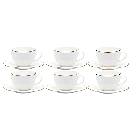 Jogo Xicaras De Café Com Pires 90ml Porcelana Kit 6 Peças Borda Dourada Luxo Legacy Gold