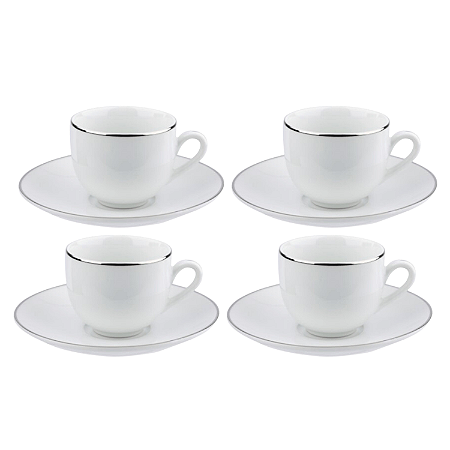 Jogo Xicaras De Chá Café Com Pires 220ml Porcelana Kit 4 Peças Borda Prata Luxo Legacy Silver