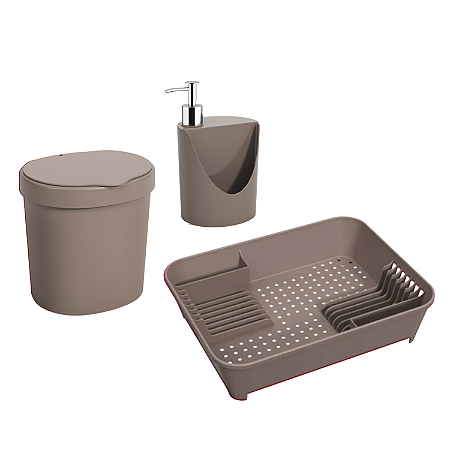 Kit Organizador de Pia Bancada Cozinha 3 Peças Conjunto Escorredor Dispenser e Lixeira