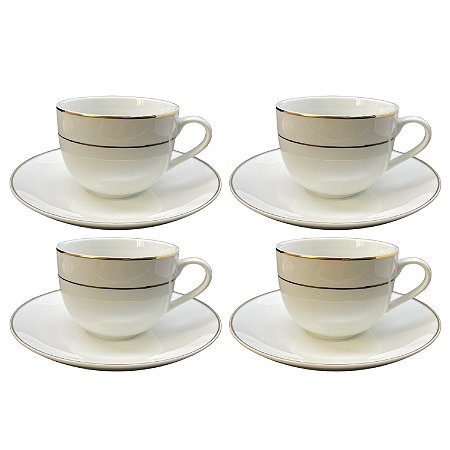 Jogo Xicaras De Café Com Pires 90ml Porcelana Kit 4 Peças Borda Dourada Majesty Gold