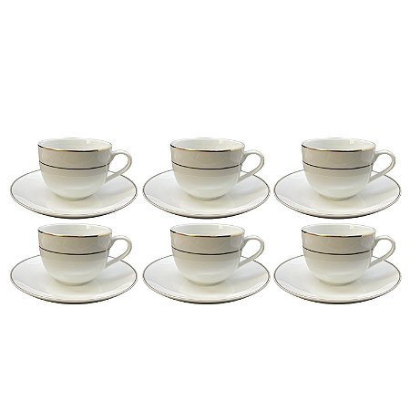 Jogo Xicaras de Chá Café Com Pires 220ml Porcelana Kit 6 Peças Borda Dourada Luxo Majesty Gold
