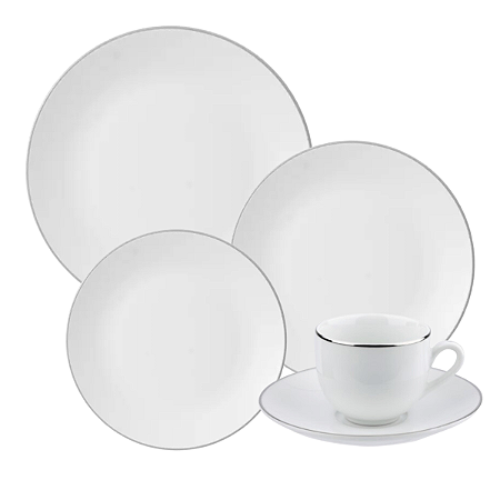 Aparelho De Jantar Jogo Pratos Chá Porcelana Kit 16 Peças Borda Prata Legacy Silver Luxo