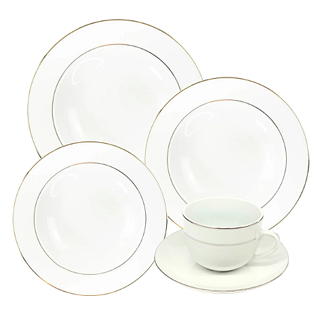 Aparelho De Jantar Jogo Pratos Chá Porcelana Kit 24 Peças Borda Dourada Majesty Gold Luxo