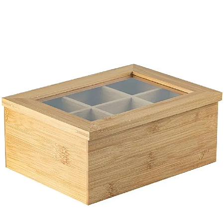 Organizador Porta Chá Sachê Bambu Caixa Decorativa Bijuterias 6 Divisórias Especiarias