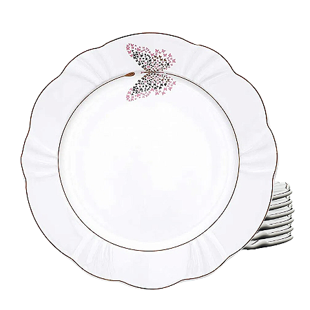 Kit Jogo 6 Pratos Raso Porcelana Borda Dourada 29cm Borboleta Soleil Encantada
