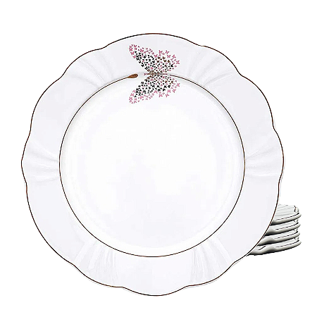 Kit Jogo 4 Pratos De Sobremesa Porcelana Borda Dourada 23cm Borboleta Soleil Encantada