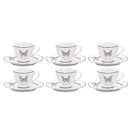 Jogo Xicaras de Chá Com Pires 200ml Kit 6 Peças Porcelana Soleil Encantada Oxford Borboleta