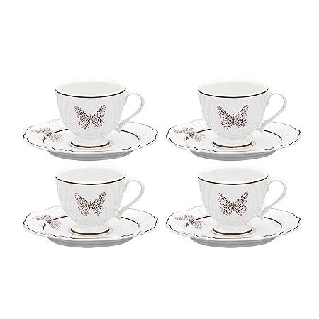 Jogo Xicaras de Café Com Pires 75ml Kit 4 Peças Porcelana Soleil Encantada Oxford Borboleta
