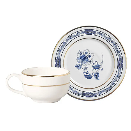 Xicara de Café Com Pires 85ml Cerâmica Xangai Azul Alleanza Luxo Borda Dourada