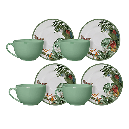 Jogo Xicaras de Chá Café Com Pires 250ml Kit 4 Peças Cerâmica Paradiso Alleanza Tropical