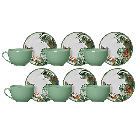 Jogo Xicaras de Chá Café Com Pires 250ml Kit 6 Peças Cerâmica Paradiso Alleanza Tropical