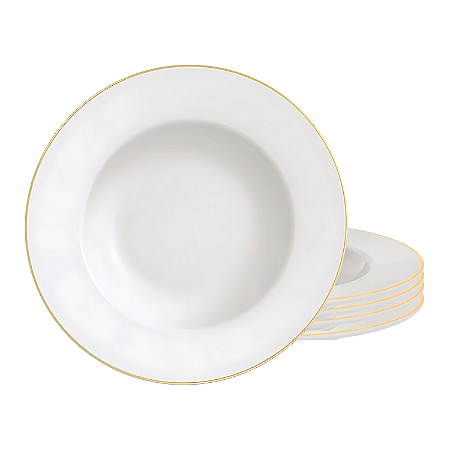 Kit Jogo 4 Pratos Raso 28cm Porcelana Tramontina Elisa Borda Dourada Jantar Refeição