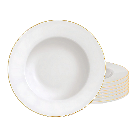 Kit Jogo 6 Pratos Raso 28cm Porcelana Tramontina Elisa Borda Dourada Jantar Refeição