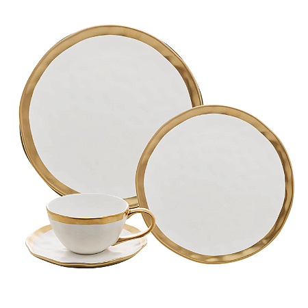 Aparelho Jogo de Jantar Kit 12pcs Porcelana Luxo Borda Dourada Dubai Wolff