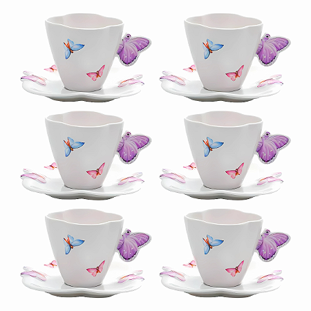 Jogo Xicaras de Chá Café Com Pires Kit 6 Peças 200ml Borboleta Wolff Porcelana