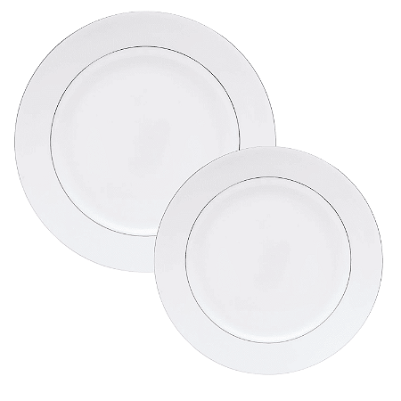 Jogo de Pratos Aparelho Jantar Kit 12 Peças Luxo Borda Prata Porcelana Branco Mônaco Wolff