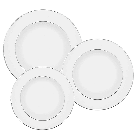 Jogo De Pratos Aparelho de Jantar Kit 24 Peças Borda Prata Porcelana Diamond Oxford