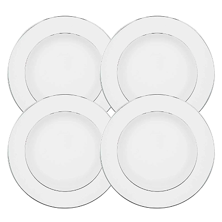 Jogo Pratos De Sobremesa 22cm Kit 4 Peças Porcelana Luxo Borda Prata Diamond Oxford