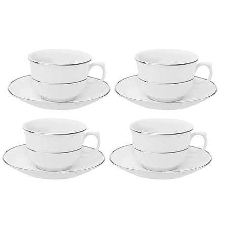 Jogo 4 Xicaras de Chá Café C/ Pires 240ml Porcelana Luxo Borda Prata Diamond Oxford