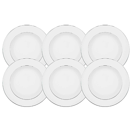 Jogo Pratos De Sobremesa 22cm Kit 6 Peças Porcelana Luxo Borda Prata Diamond Oxford