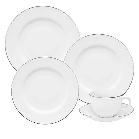 Jogo de Pratos Aparelho Jantar Kit 16 Peças Luxo Borda Filete Prata Isabel Oxford