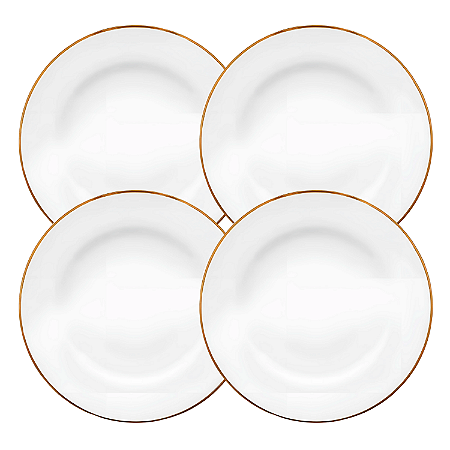 Jogo Pratos De Sobremesa Kit 4 Peças 22cm Borda Dourada Porcelana Sopa Sofia Oxford