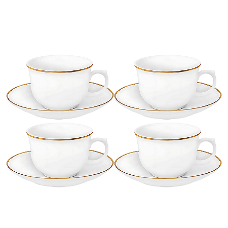 Jogo 4 Xicaras de Chá Café C/ Pires 240ml Porcelana Luxo Borda Dourada Sofia Oxford