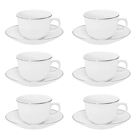 Jogo 6 Xicaras de Chá Café C/ Pires 240ml Porcelana Luxo Borda Prata Isabel Oxford