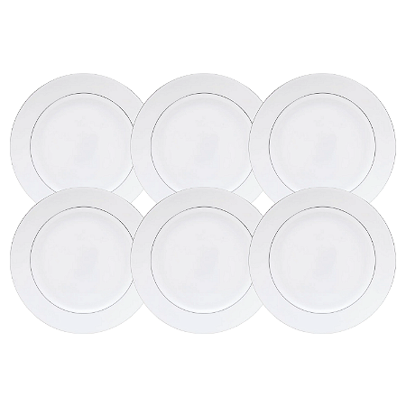Jogo De Pratos Rasos Jantar Kit 6 Peças 27cm Borda Prata Mônaco Porcelana Branco Luxo