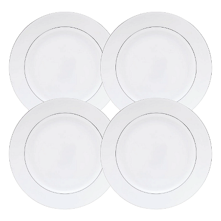 Jogo De Pratos Fundo Kit 4 Peças 21cm Sopa Borda Prata Mônaco Porcelana Branco Luxo