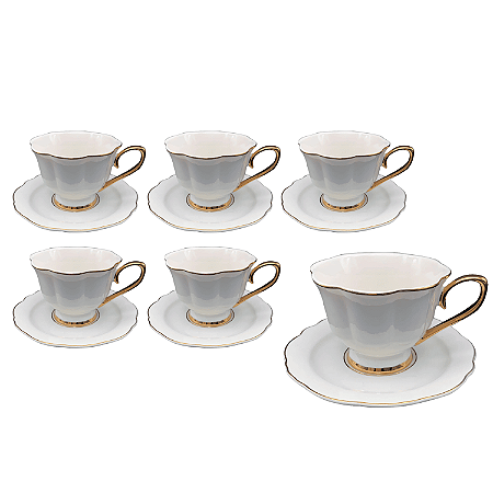 Jogo 6 Xícaras de Chá Café com Pires 240ml Borda Dourada Porcelana Branca Luxo