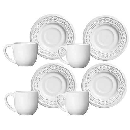 Jogo De Xicaras de Café Com Pires 72ml Kit 4 Peças Cerâmica Madeleine Branco Porto Brasil